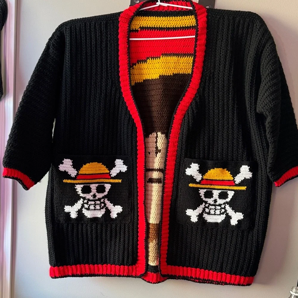 Luffy cardigan Black and Red Graphic crochet 🧶 size XL - Picture 3 of 11